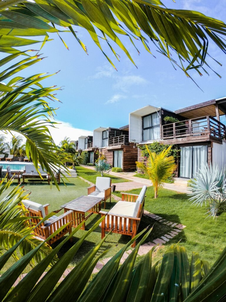 Scenic view of modern villas with garden and pool in Adicora, Venezuela, showcasing contemporary architecture.